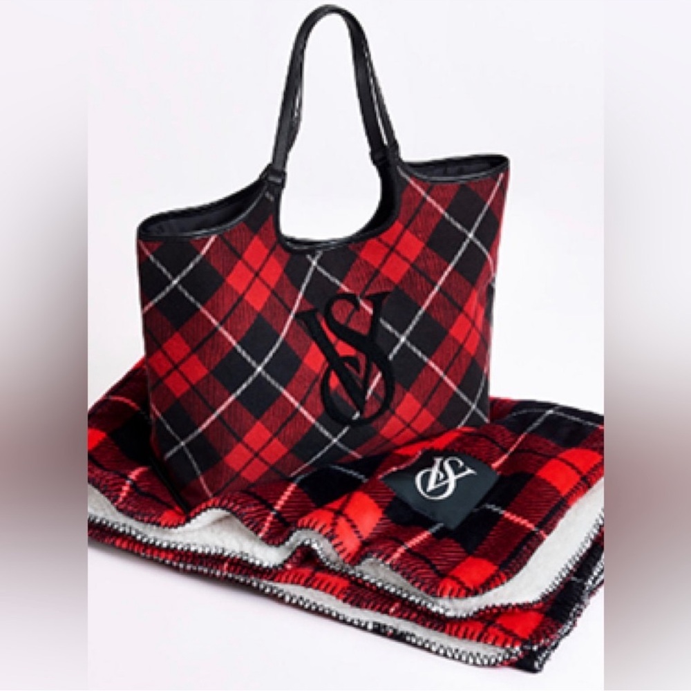 Victoria Secret Plaid Tote + Cozy Blanket